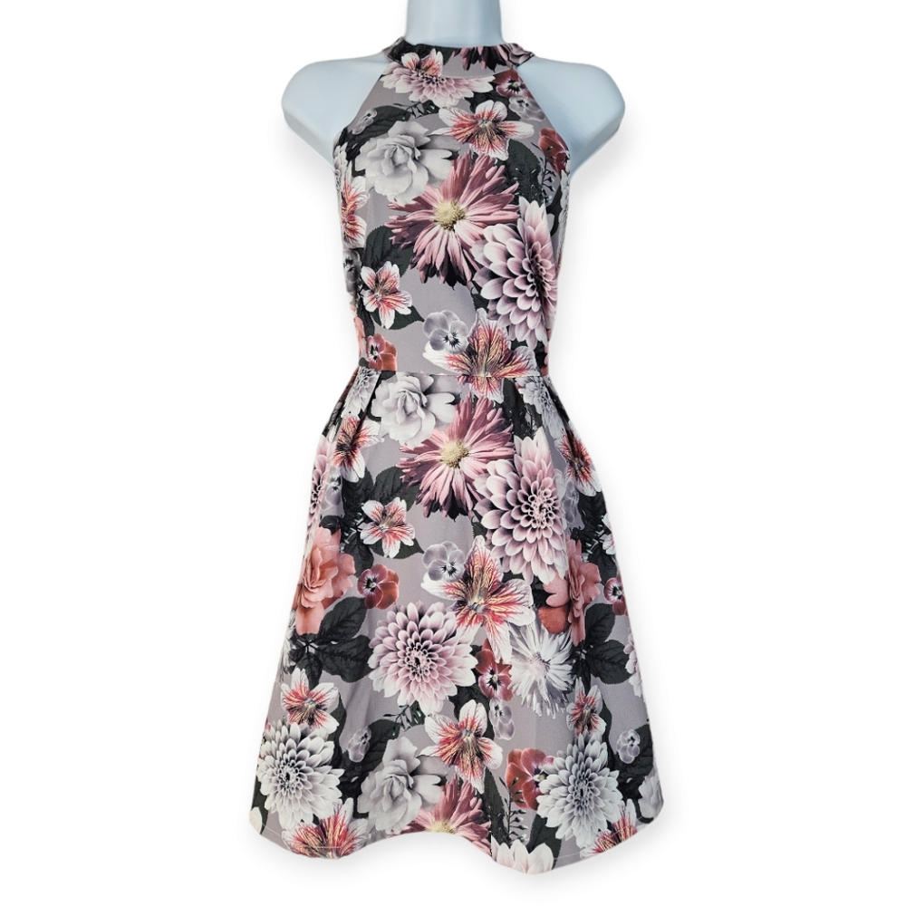 NWOT Asos Paper Dolls gray purple floral fit & flare racer back dress Womens 12 - Picture 6 of 9